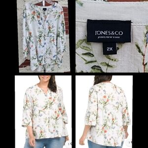 2X women Jones New York Linen Rayon floral button 3/4 sleeve button shirt